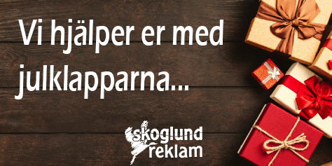 Bild med paket och texten "Vi hjälper er med julklapparna".